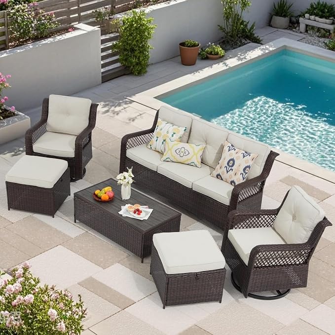 6 Pieces Wicker Patio Furniture Set Conversations Sets, 2 Outdoor 360° Swivel - Image 9