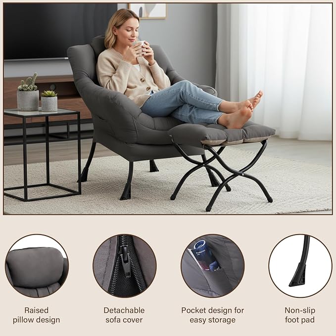 Welnow Lazy Chair with Ottoman, Modern Accent Chair with Armrests and a Side - Image 4