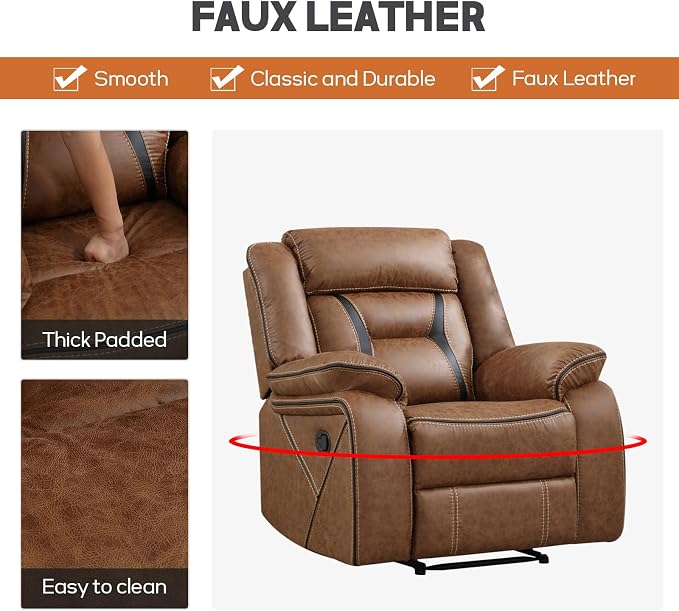 EBELLO Faux Leather Manual Recliner Chair, Modern Design Single Reclining Sofa - Image 4