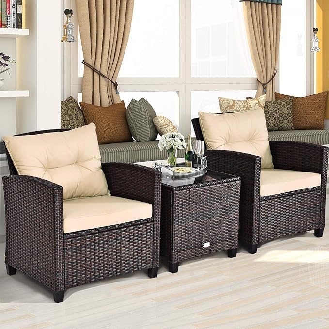 COSTWAY 3PCS Patio Furniture Set, PE Rattan Wicker Sofa w/Washable Cushion and - Image 4