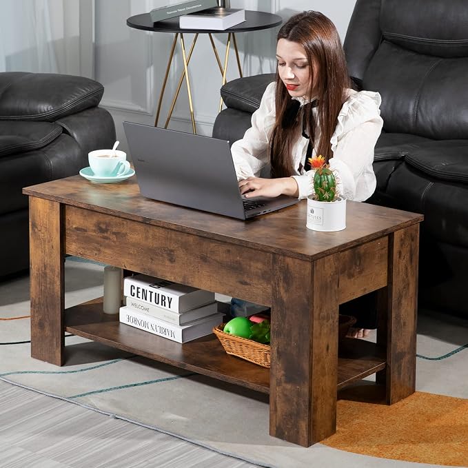 FDW Lift Top Coffee Table with Hidden Compartment and Storage Shelf Wooden Lift - Image 8