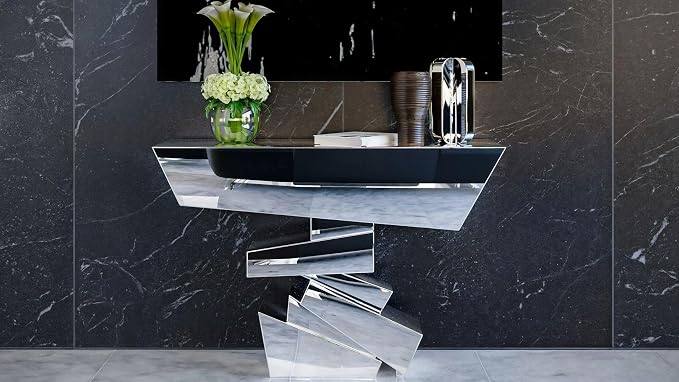 ZURI Furniture Modern Naxos Console Table Mirrored Glass Finish Sharp Geometric - Image 2