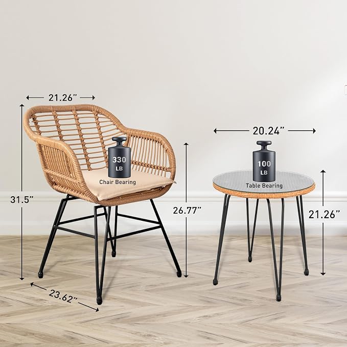 3 Piece Outdoor Wicker Furniture Bistro Set, Rattan Chairs Conversation Sets - Image 3