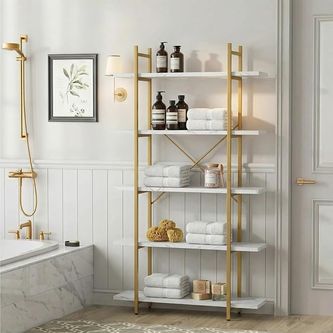 5 Tiers Bookshelf Organizer White Faux Marble Shelf, Modern Open Display - Image 5