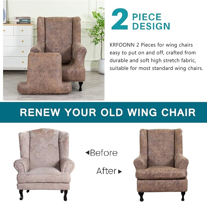 KRFOONN Wing Chair Slipcovers 2 Piece Stretch Leather Look Wingback Chair - Image 3