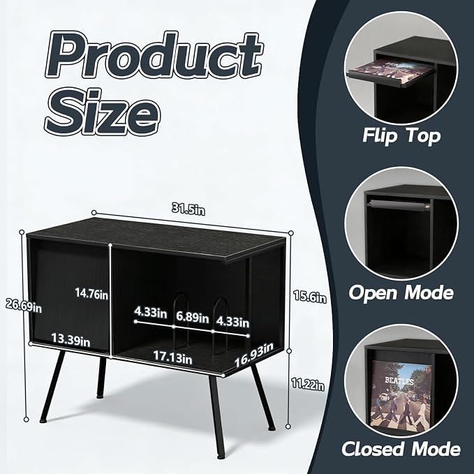 Faesun Flip Top Record Player Stand, Large Turntable Stand Holds up to 150+ - Image 3