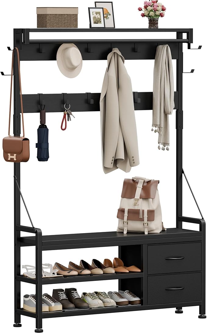 Lulive Hall Tree with Bench and Shoe Storage, 39.4” Entryway Bench with Coat by Lulive