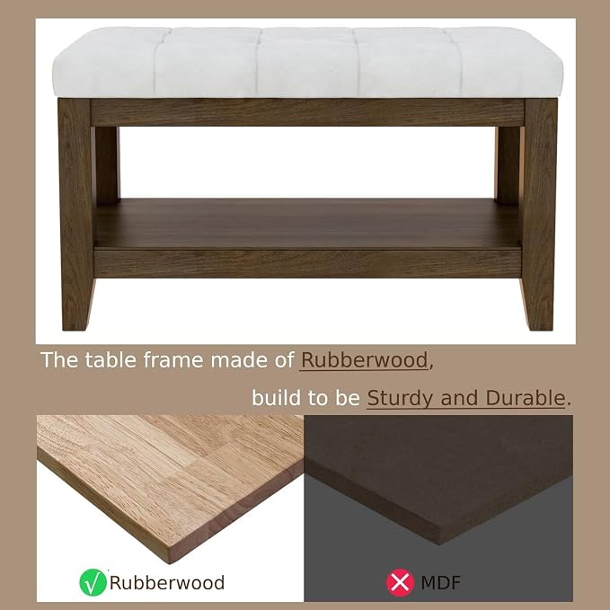 ABHENG Solid Rubber Wood Shoe Bench, Soft Chenille Material Upholstered Seat - Image 3