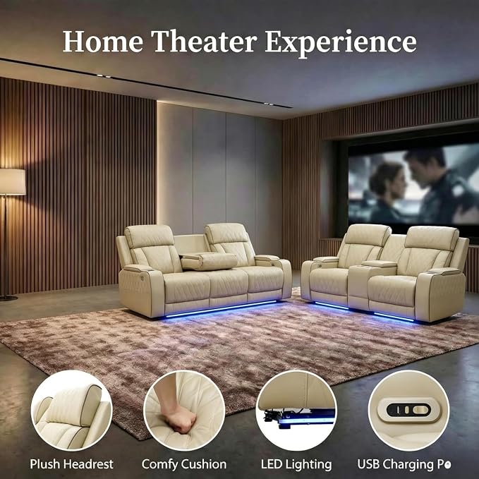 Power Recliner Sofa Set with LED Lights, Includes a Manual Loveseat and a 3 - Image 4