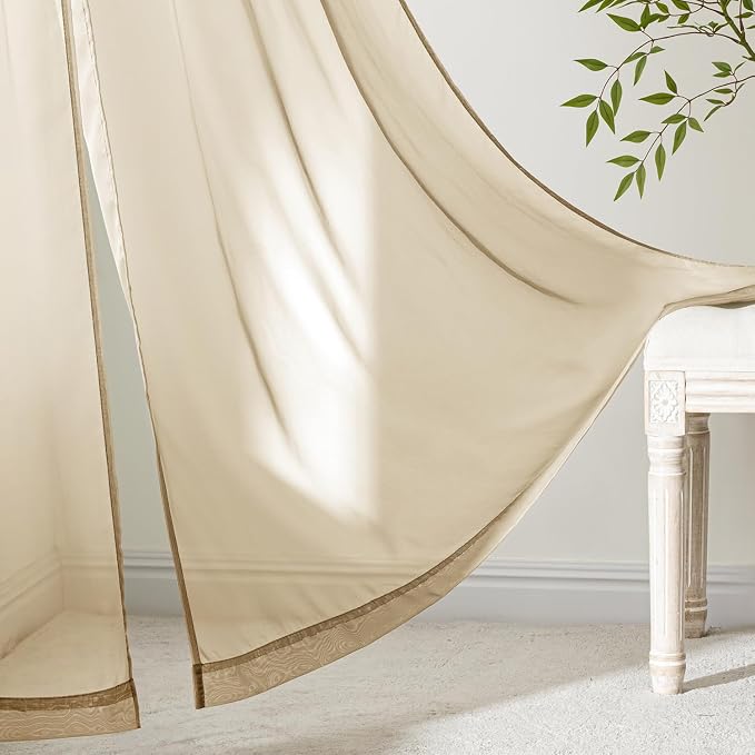 MIULEE Beige Sheer Curtains 63 Inches Long, 4 Panels Set, Rod Pocket Voile - Image 6