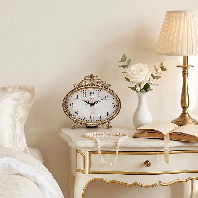 NIKKY HOME Vintage Table Clock, French Gold Color Rococo Style Desk Clock - Image 3