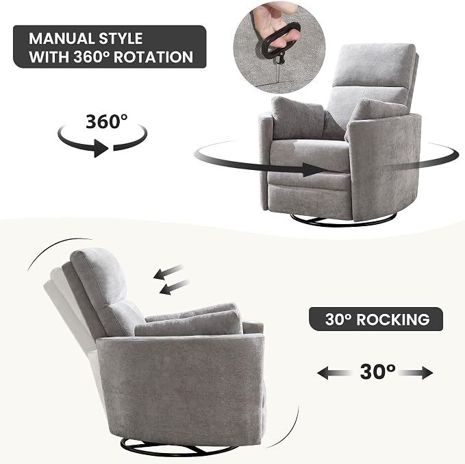 Manual Recliner 360°Swivel Glider Rocking Chair, Upholstered Nursery Adult - Image 4