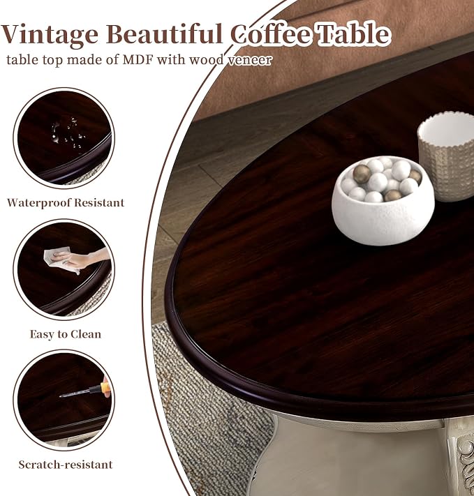 LKTART Oval Coffee Tables Set of 3, Vintage Wood Coffee Table - Image 5