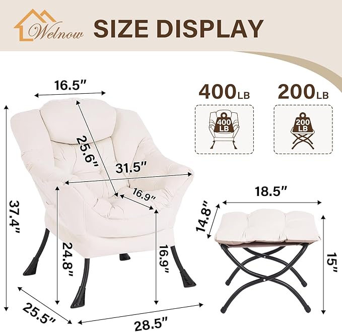 Welnow Lazy Chair with Ottoman, Modern Accent Chair with Armrests and a Side - Image 3