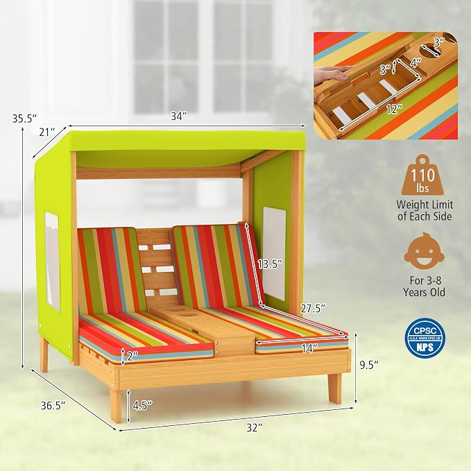 HONEY JOY Kids Chaise Lounge Chair Outdoor, Toddler Wood Double Pool Lounger - Image 3
