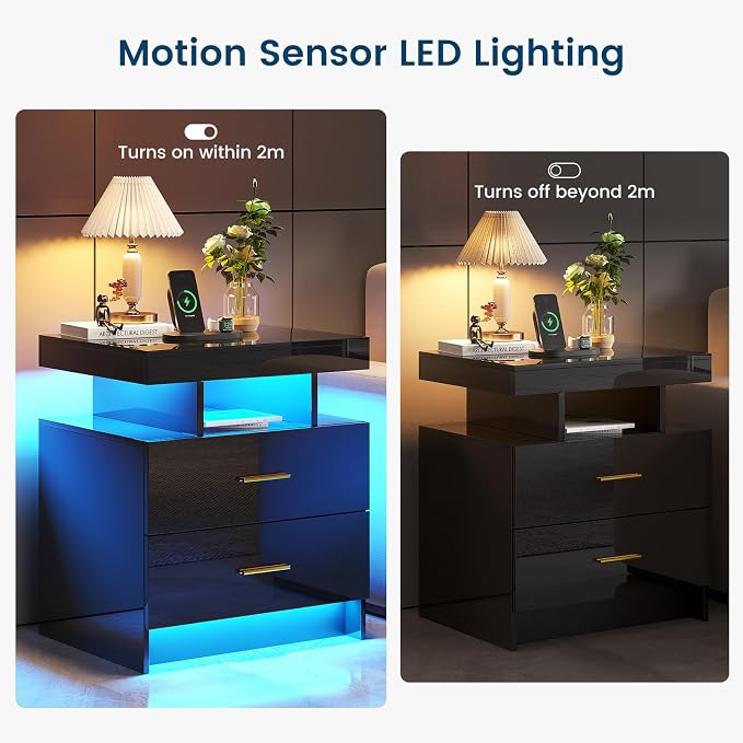 HNEBC Nightstand Set of 2 with Charging Station, Auto LED Night Stand with - Image 7