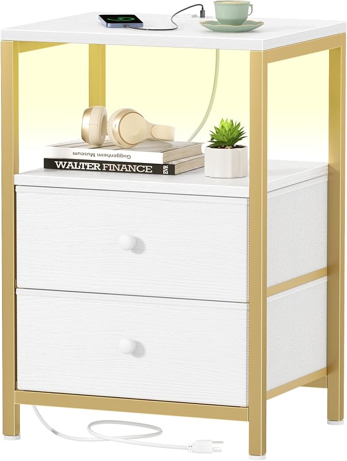 BOLUO Nightstand with Charging Station, LED Night Stand with 2 Fabric Drawers by BOLUO