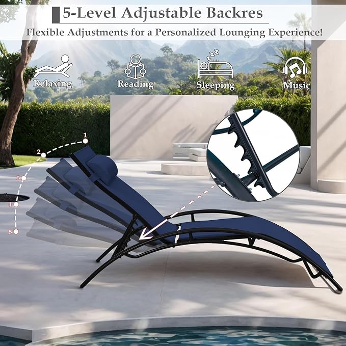 EROMMY Outdoor Chaise Lounge Set of 3, Reclining Patio Chairs - Image 5