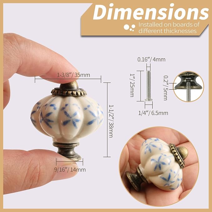 Ivory & Blue Pumpkin Knobs 2 Pack Ceramic Cabinet Knobs Vintage Drawer Pulls - Image 4