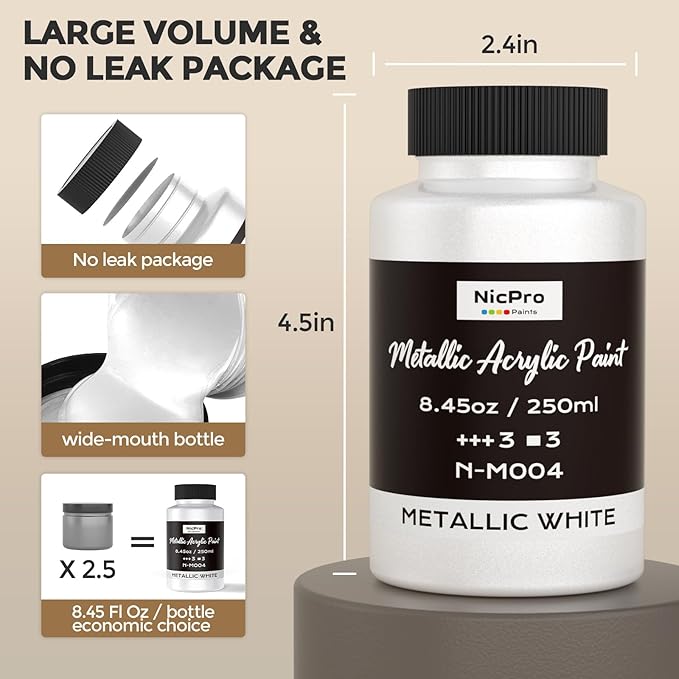 Nicpro Metallic Pearl White Acrylic Paint, 8.45oz/250ml Large Pearlescent - Image 7