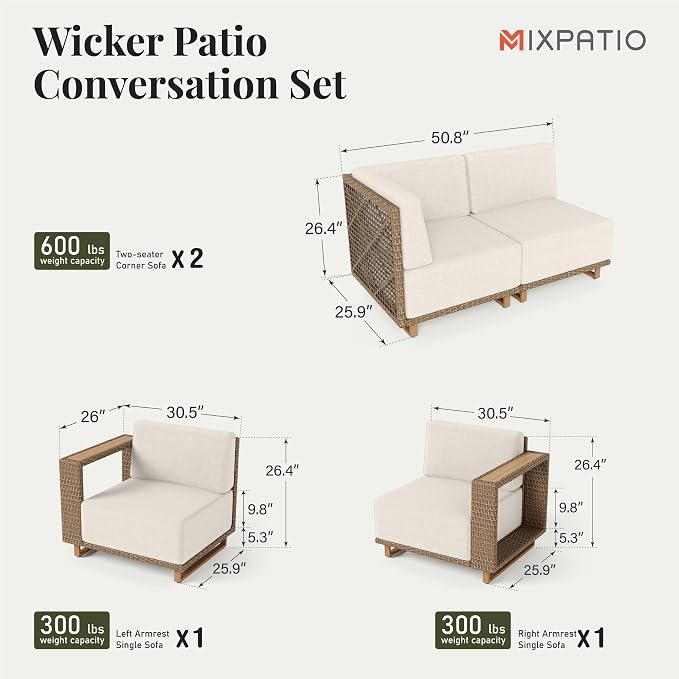 MIXPATIO Patio Sectional Furniture Set, 6 Piece U Shape Patio Couch Wicker Sofa - Image 6