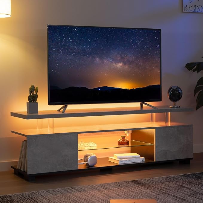 Cubehom Grey TV Stand, LED TV Stand Modern Entertainment Center - Image 6