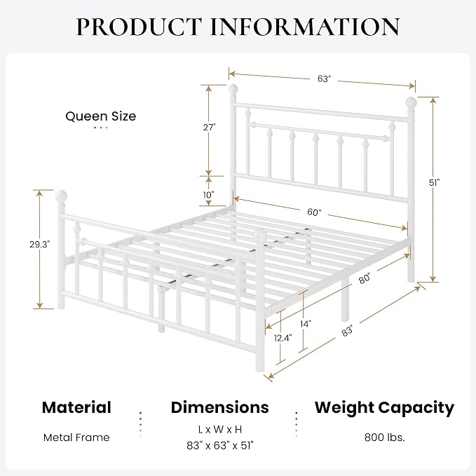 SHA CERLIN 14" Queen Size Metal Platform Bed Frame/Victorian Headboard and - Image 2