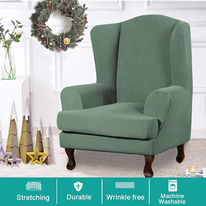 Turquoize Wingback Chair Covers 2 Piece Wing Chair Slipcover Stretch Slipcovers - Image 2