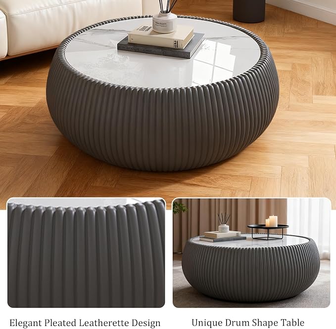 SSLine Round Drum Coffee Table Modern Sintered Stone Top Coffee Table in Grey - Image 6