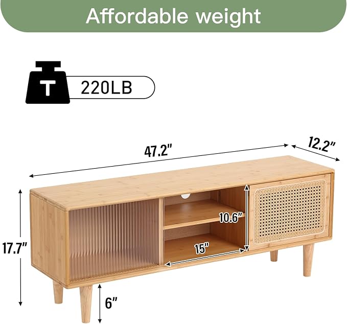 Welnow Rattan TV Stand for Up to 55 Inch, Mid Century Modern Bamboo - Image 3