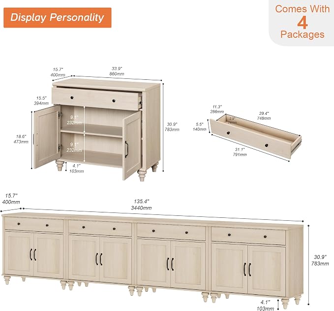 WAMPAT Buffet Cabinet with 8 Doors and 4 Drawers, Large Coffee Bar Table Wood - Image 2