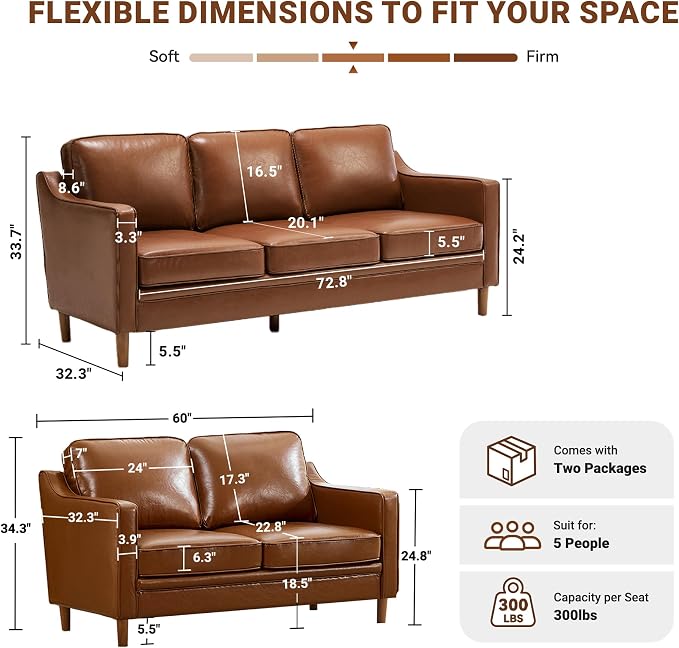 Kingfun Living Room Furniture Sets, 3 Seater Couch and Loveseat, Mid Century - Image 2
