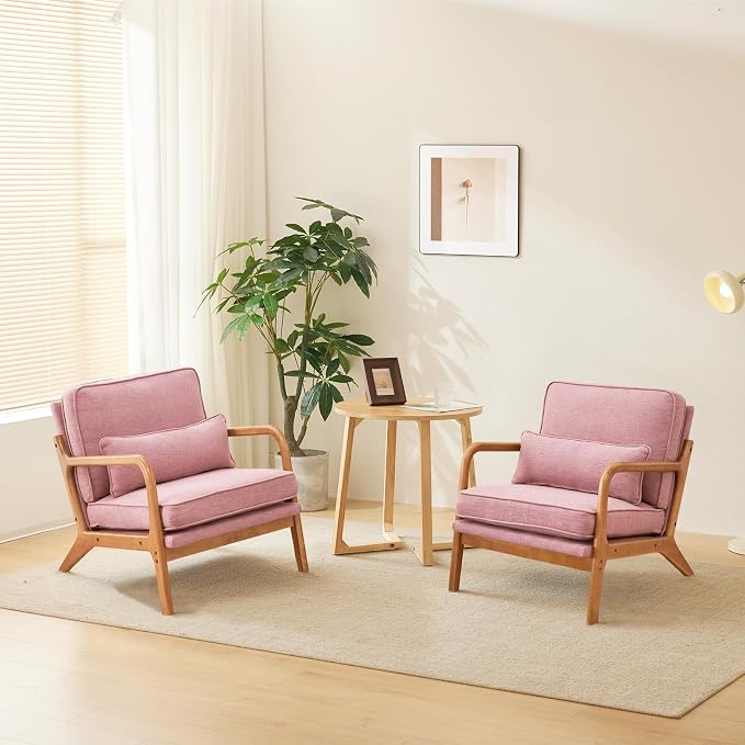 VINGLI Cozy Living Room Chairs, Linen Pink Accent Chairs Set of 2, Wood Lounge by VINGLI