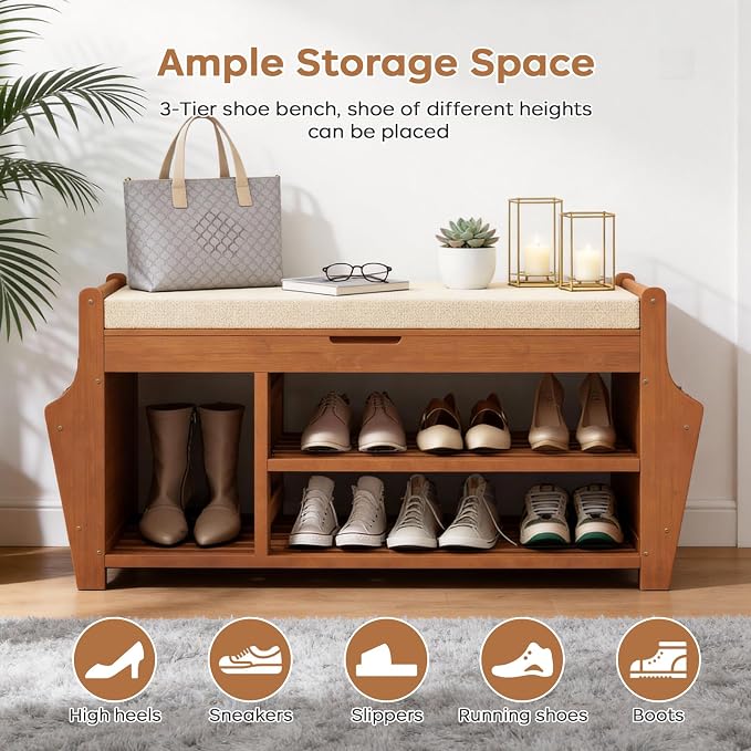 oakvivo 39.4in Shoe Bench with 2 Side Holder, 3 Tier Bamboo Entryway Bench with - Image 6
