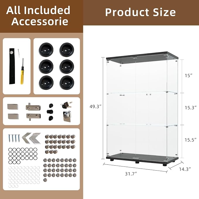 Display Cabinet with Glass Door and Lock, 3-Shelf Fast Installation Curio - Image 2