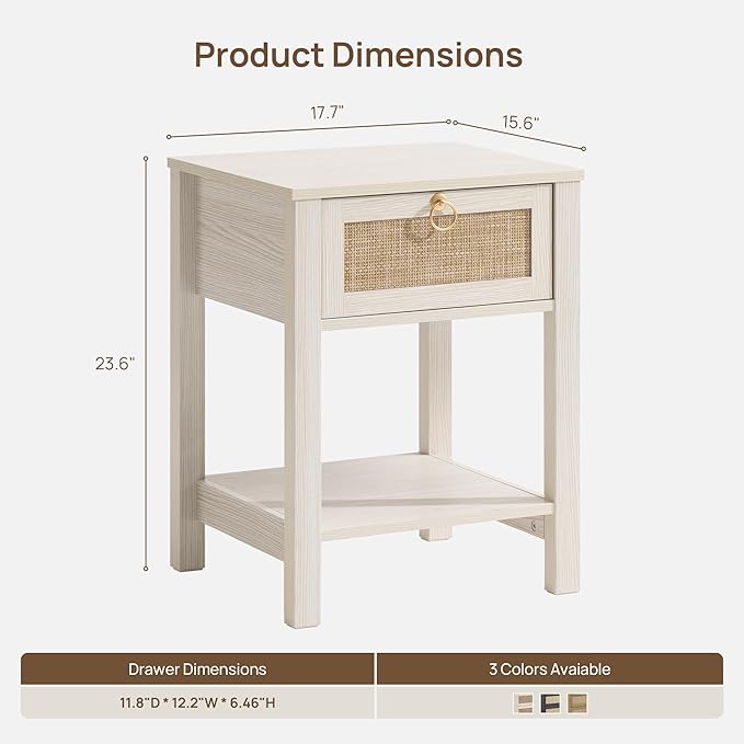 SICOTAS White Nightstand Set of 2, Rattan Decor Drawer - Image 2