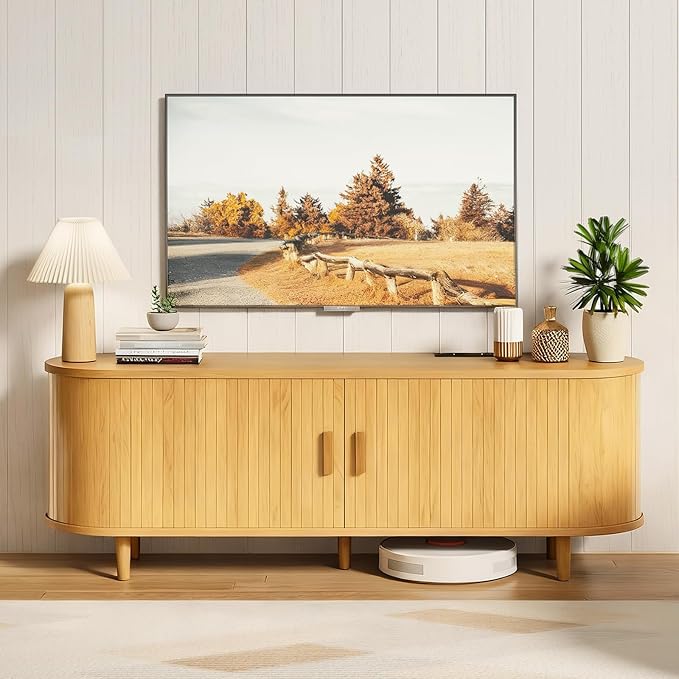58" Mid Century Modern TV Stand, Wood TV Consoles - Image 2