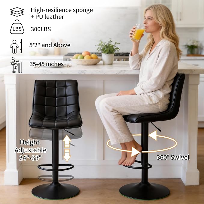 FIRAVOE Bar Stools Set of 2, Adjustable Counter Height Bar Stools 24"-33" - Image 3