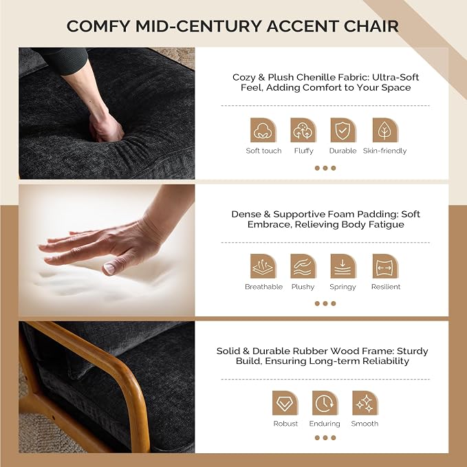 VINGLI Chenille Mid-Century Modern Accent Chair Set of 2, Cute Reading Arm Chair - Image 3