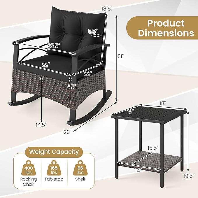 Tangkula 3 Piece Rattan Rocking Chair Set, Patio Rocker Bistro Set - Image 5