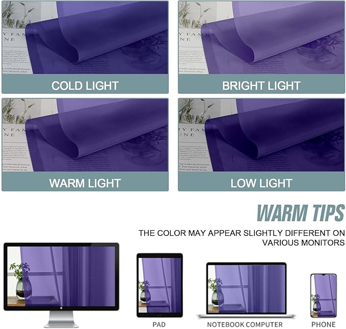 Purple Valances for Windows 14 inch Length 2 Panels Set, Small Voile Sheer - Image 7