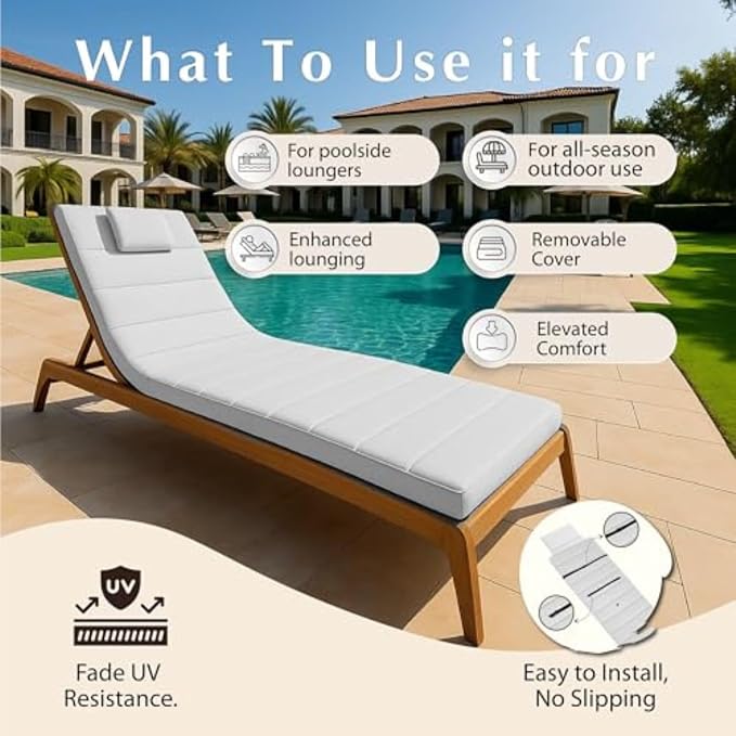 Quilted Chaise Lounge Outdoor Patio Furniture Cushions | Water-Resistant Patio - Image 8