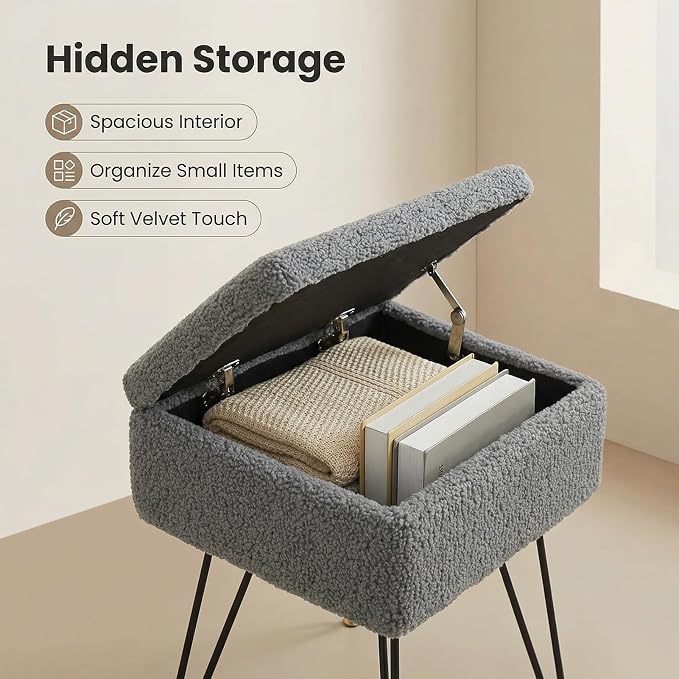 Vanity Stool Chair, Faux Teddy Fur Ottoman Foot Stool - Image 5