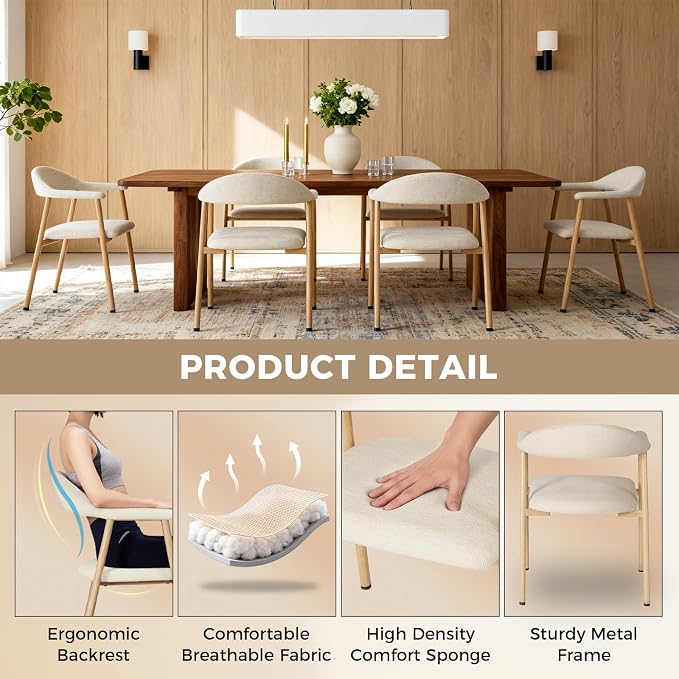 DUMOS Dining Chairs Set of 2, Linen Fabric Upholstered Kitchen Side Chairs - Image 3