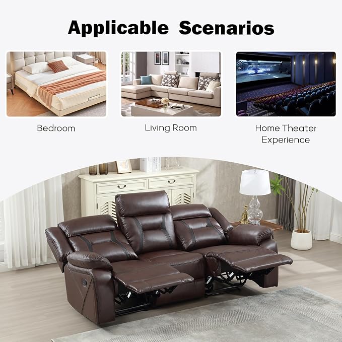 EBELLO Faux Leather Manual Reclining Sofa, 3 Seat Recliner Sofa Chair, Couch - Image 5