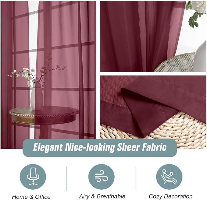 Burgundy Sheer Curtains for Windows 108 inches Long 2 Panels Set, Soft - Image 4