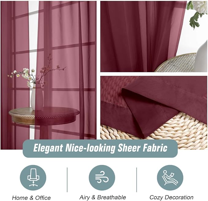 Burgundy Sheer Curtains 90 Inches Long 2 Panels, Light Filtering Solid Sheer - Image 4