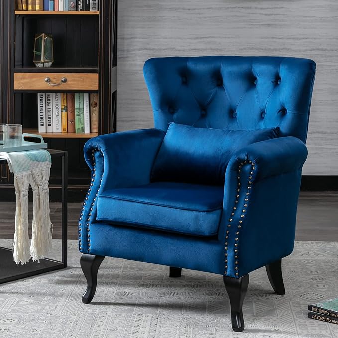 Set of 2 Mid-Century Modern Accent Chair, Velvet Armchair w/Tufted Back/Wood - Image 2