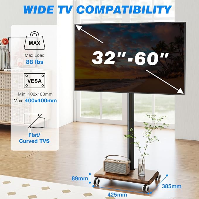Rfiver Rolling TV Stand for 32 to 55 60 Inch TVs up to 88lbs, Height Adjustable - Image 3