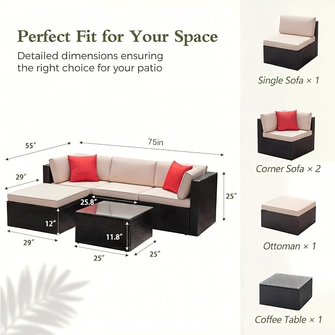 Devoko 5 Pieces Patio Furniture Sets All Weather Outdoor Sectional Patio Sofa - Image 2